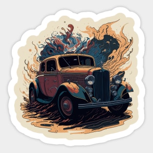 Vintage Vroom: Colorful Two-Dimensional Illustrated Retro Charm Vintage Car Design Sticker